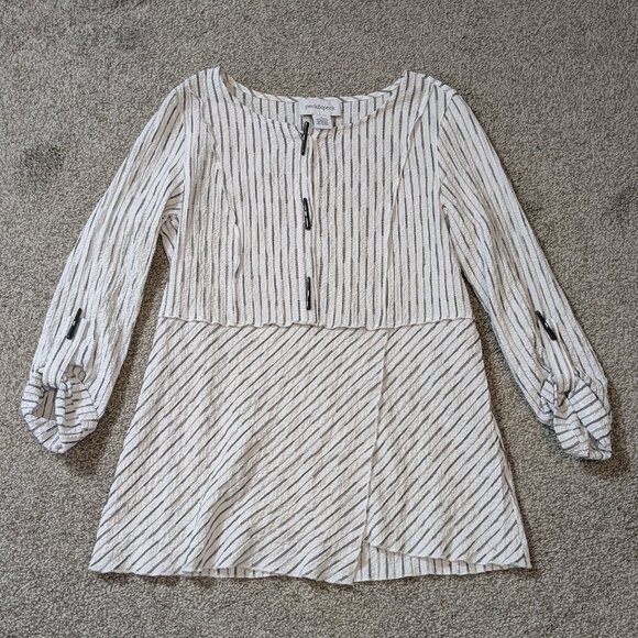 PECK & PECK White/Black Striped Fit & Flare Top; Roll-Tab Sleeves; Size S - Picture 1 of 7